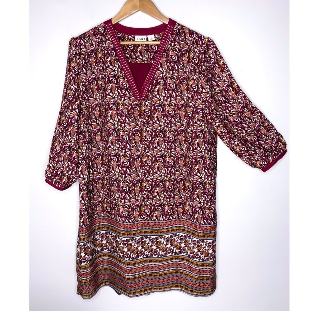Cato Burgundy Print A Line Dress Comfort Career Rhinestone Embellishments XL !